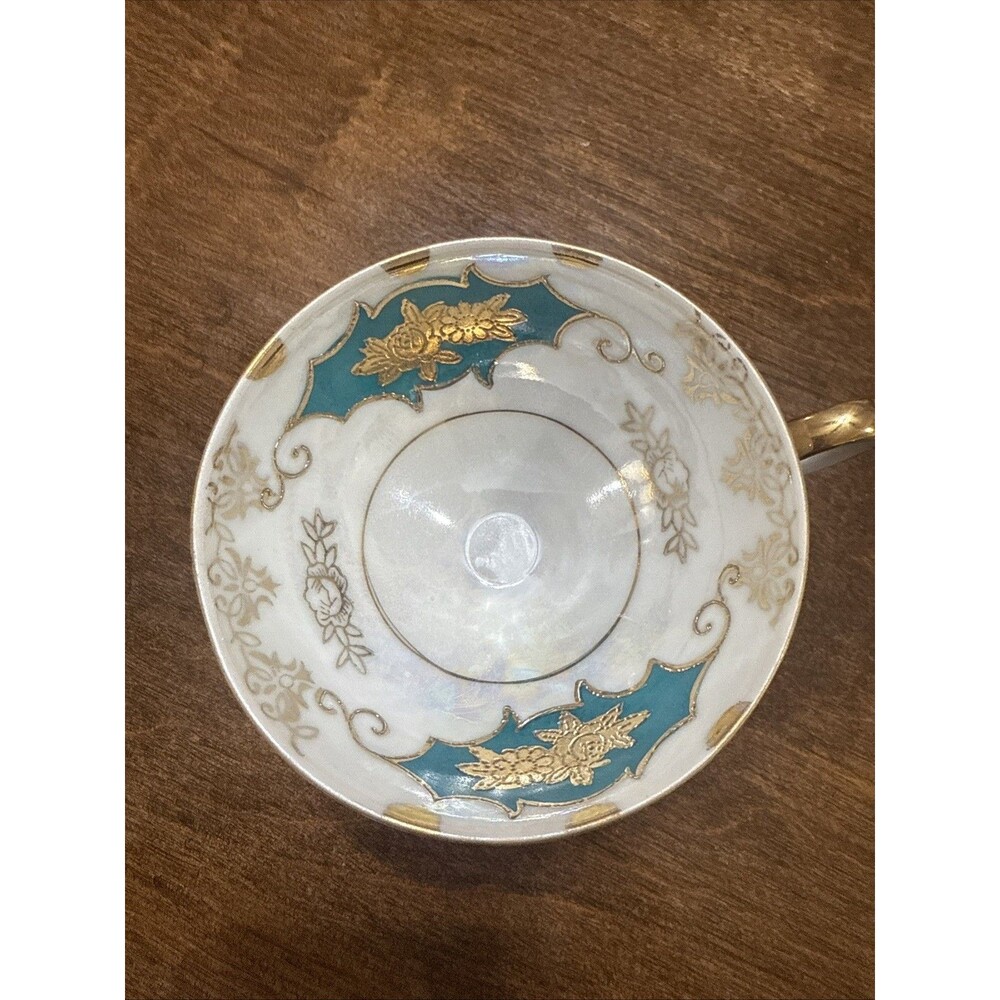 Vintage Lefton China Hand Painted Teacup Teal & Gold Mid Century Japan